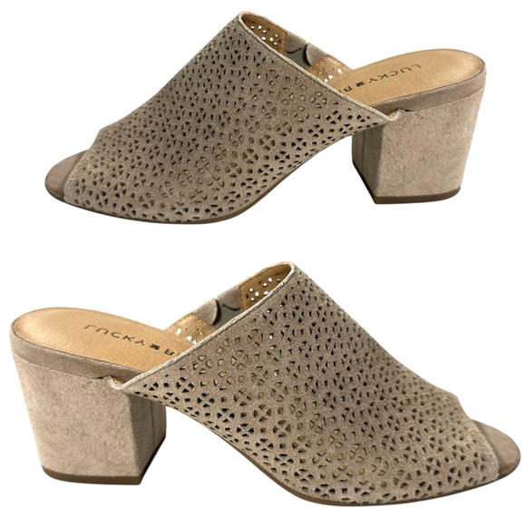 Lucky Brand Womens Shoes Sz 7 Tan Suede Leather Peep Toe Block Heel Slip On EUC - Picture 1 of 10